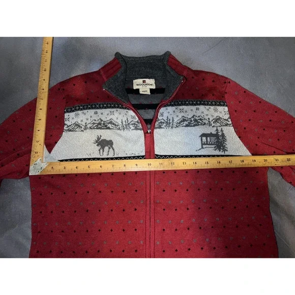Woolrich Sweater Womens Size L Red Cabin Forest Moose Winter Scene Zip Cardigan - Picture 10 of 11